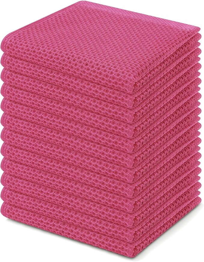 Kitinjoy 100% Cotton Kitchen Dish Cloths (12 X 12 Inches, Hot Pink), 12 Pack Waffle Weave Ultra Soft Absorbent Dish Towels for Drying Dishes Quick Drying Kitchen Towels Dish Rags