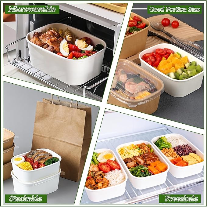DI QIU REN 50-Pack 29oz Disposable Meal Prep Containers with Lids & Forks, Kraft Paper Bowls To Go Take Out Food Containers with Lids, Microwave & Freezer Safe (White Kraft Paper, 29oz 50 Count)