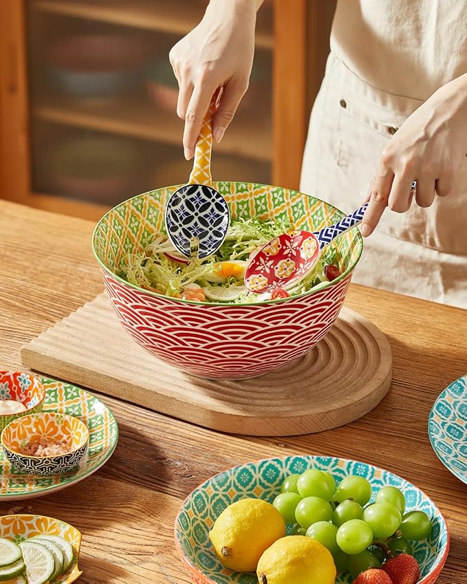 Metahom Ceramic Mixing Bowls for Kitchen, Colorful Nesting Bowls, Large Serving Bowls for Prepping, Baking, Mixing, Salad, Microwave Dishwasher Safe, 3.7/2.3/1.4 Qt, Set of 3