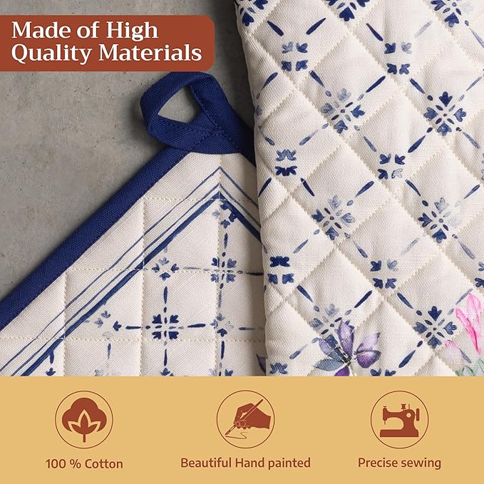 Maison d' Hermine 100% Cotton Oven Mitt & Pot Holder Set (7.5"x13" & 8"x8") Heat Resistant BBQ Cooking Gloves with Loop Baking Grilling Kitchen Gifts for Mothers Day Spring/Summer (Faience)
