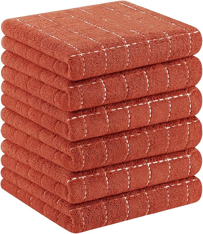 Homaxy 100% Cotton Terry Kitchen Towels(Rust, 13 x 28 inches), Checkered Designed, Soft and Super Absorbent Dish Towels, 6 Pack