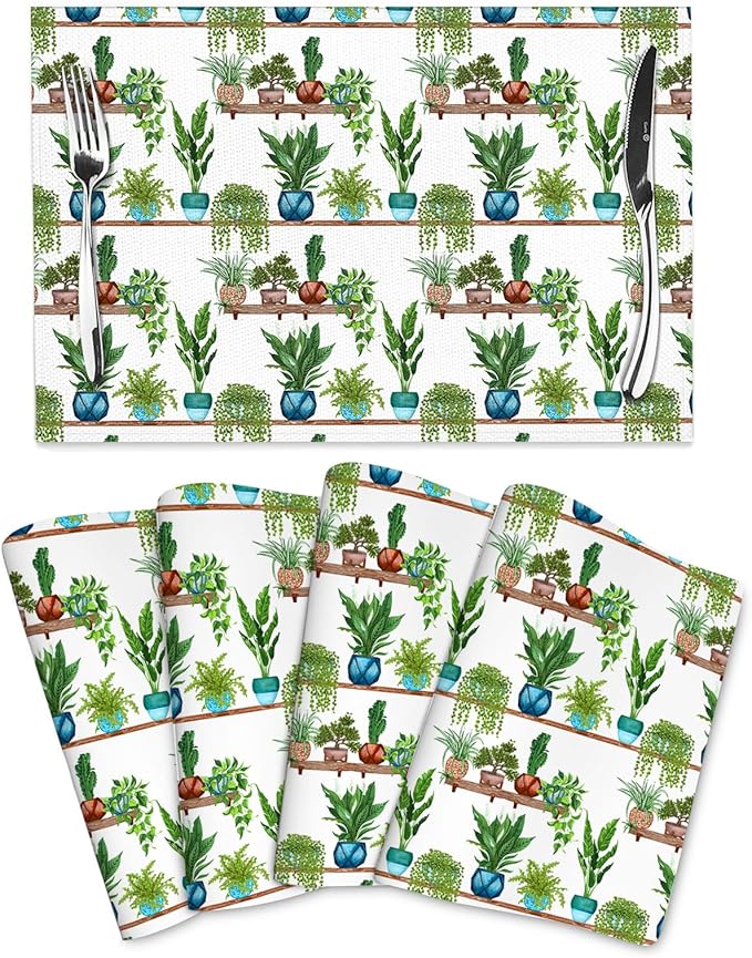 Green Plant Placemats for Dining, Green Table Mats Set of 4, Heat Resistant Place Mats for Holiday Party Outdoor Spring Summer Farmhouse Gardening Kitchen Decor