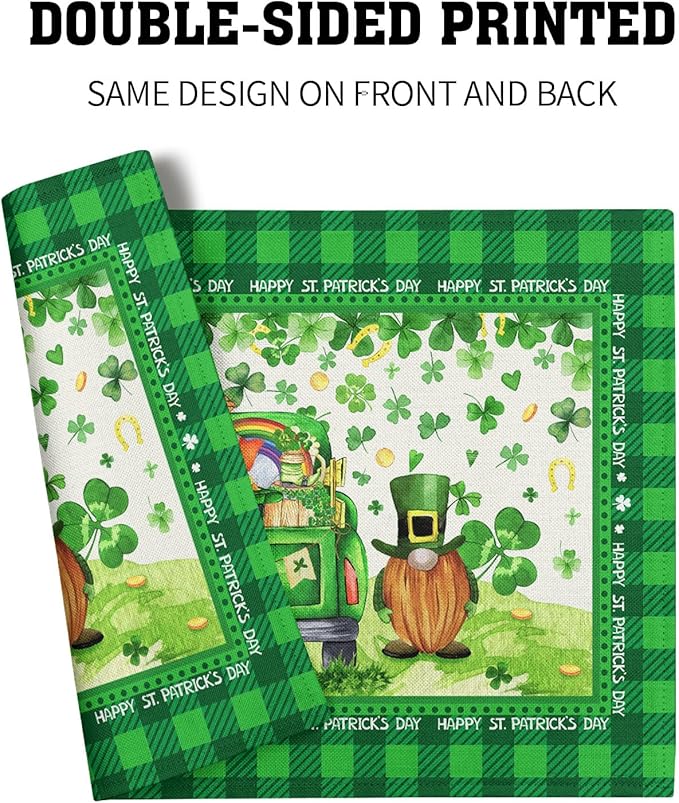 St. Patrick's Day Placemats 12x18 Inch Gnomes Truck Shamrock Clover Gold Coin Heat Resistant Table Mats Set of 4 Green Buffalo Plaid Washable Place Mats for Home Kitchen Dining Holiday Party