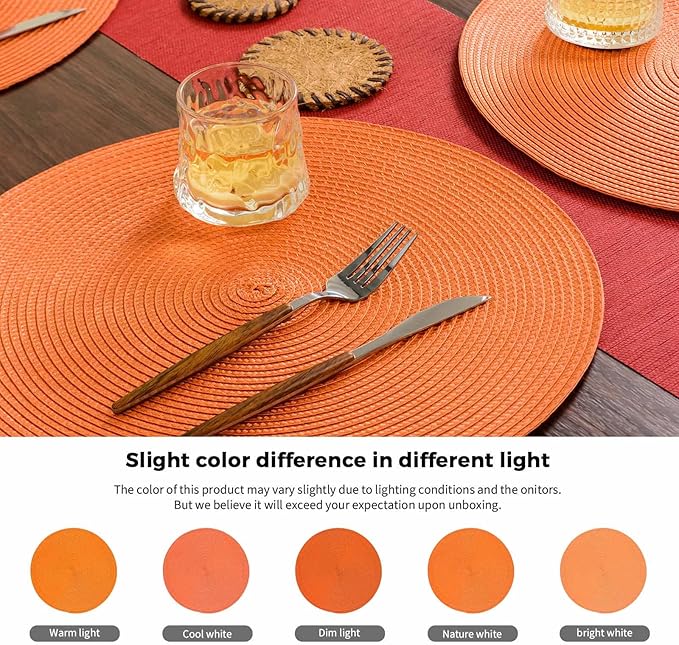 FunWheat Round Braided Placemats Set of 6 Table Mats for Dining Tables Woven Washable Non-Slip Place mats 15 inch(Orange, 6pcs)