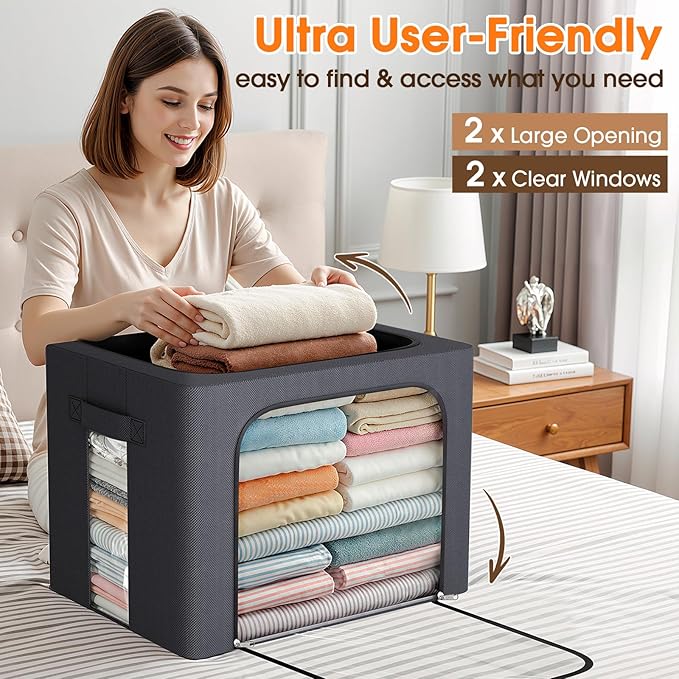 4 Pack Clothes Storage Bins with Metal Frame, 40L Foldable Fabric Storage Boxes with Clear Window, Front & Top Zipper Openings, Stackable Organizer Bins with Handles for Closet & Bedroom (Light Grey)