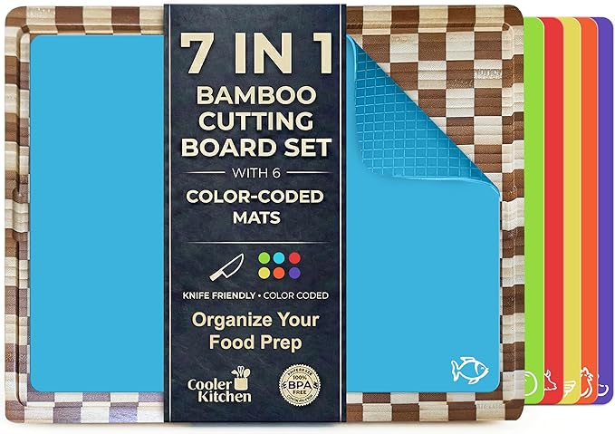 Cooler Kitchen Cutting Boards for Kitchen – Checkered Bamboo Cutting Board Set with 6 Color-Coded Flexible Chopping Mats, Easy Clean Wood and Dishwasher-Safe Plastic, Large 17×12, Knife-Friendly