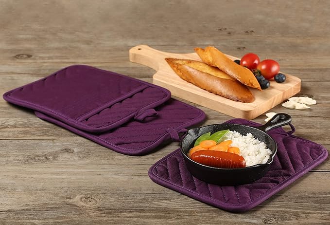Cotton Pocket Pot Holders Machine Washable Heat Resistant Hot Pads for Kitchen Square Purple Oven Mitts 7"x9" Set of 3
