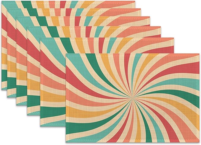 Placemats Set of 6,Retro 70s Groovy Linen Table Mats Rainbow Swirl Heat Resistant Place Mats Washable Dining Table Mats for Indoor Outdoor Kitchen Decor Easy Clean 12 x 18 Inch