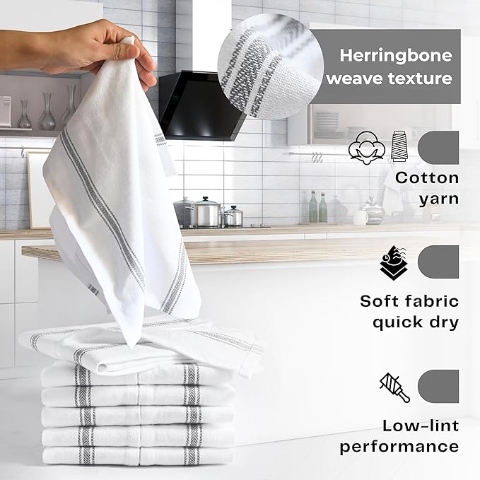 Bulk Kitchen Towels Cotton for Chefs in Commercial Restaurants - 15"X25" - 6 Pack - White Linen Tea Dish Towels - Lint Free Soft Absorbent Side Gray Striped Herringbone Weave Towles