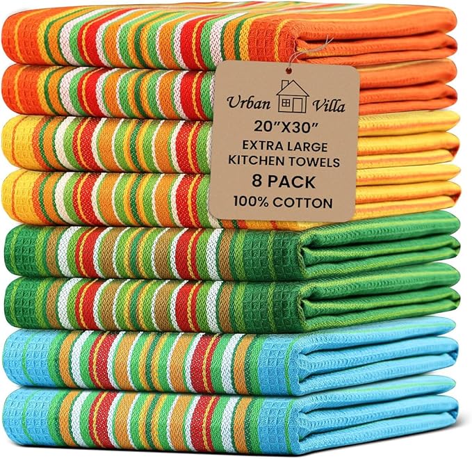 Urban Villa Kitchen Towels 100% Cotton Dish Towels for Kitchen(Set of 8)20”x30” Dish Cloths Highly Absorbent Kitchen Linen Set with Hanging Loop Perfect for Drying Dishes Cleaning Towels -Multi Color