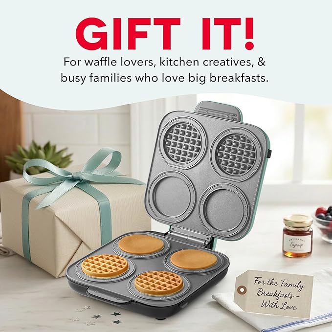 Dash MultiMaker® Family Mini Maker System - Dual Ceramic Nonstick Cooking Surfaces - Built-In Cord Wrap - Makes 4-Inch Waffles - Aqua, 8 Plates