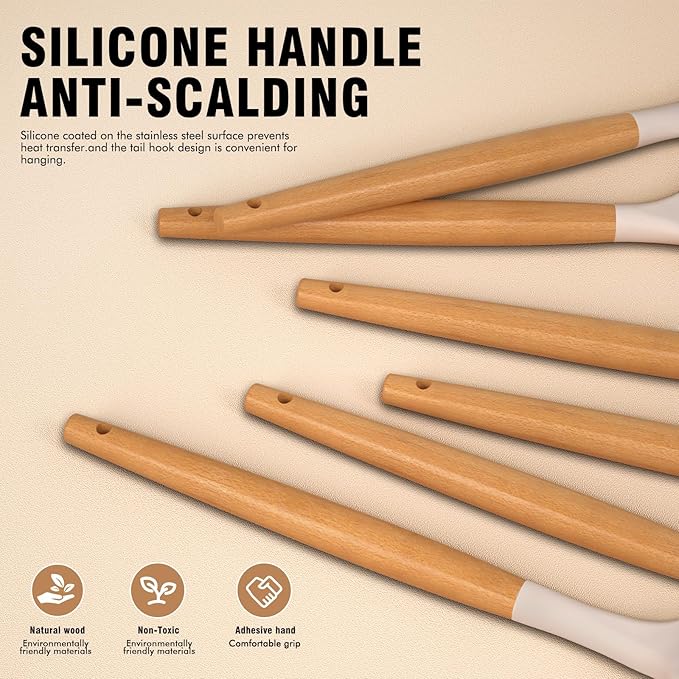 Silicone Cooking Utensils Set - AVGPD Silicone Kitchen Utensils for Cooking Wooden Handles, 446°F Heat Resistant Kitchen Utensil Spatula Sets w Holder, Gadgets for Non-Stick Cookware BPA FREE (Khaki)