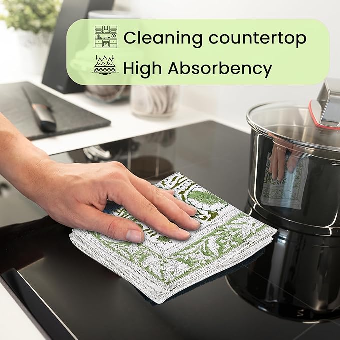 CPC Agate Green Hand Block Print Waffle Kitchen Towel Set of 3-16 x 28 Inch Ultra Absorbent Quick Dry Cotton Dish Towels Lightweight Reusable Sustainable Tea Towels for Cleaning and Drying