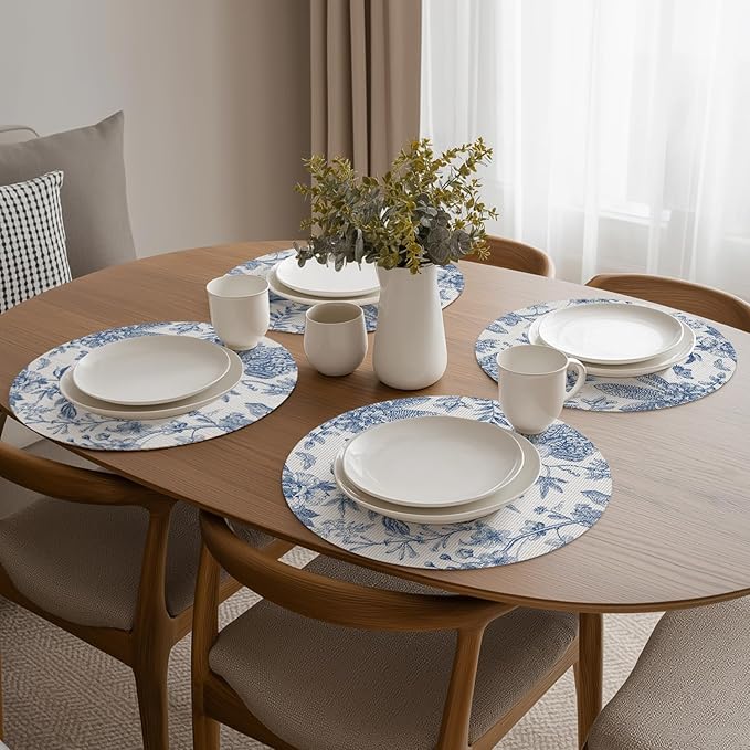 Artoid Mode Blue Floral Vinyl Round Spring Placemats Set of 4, Washable Heat Resistant Non-Slip Woven Summer Plastic PVC Place Mats for Farmhouse Party Kitchen Dining Decor