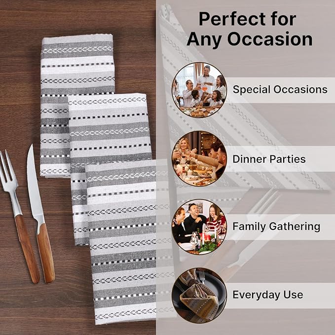 LFH Home Cotton Rich Cloth Salsa Napkin Set of 12 Washable Soft Durable Striped Table Napkins for Dining Wedding, Daily Use Reusable Eco-Friendly Fabric Napkins (18x18)-Grey Thanks Giving