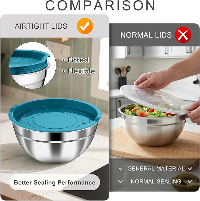 HaWare Mixing Bowls with Airtight Lids, 6-Piece Stainless Steel Salad Bowls, Strong Nesting Bowls for Cooking, Prepping, Baking, Serving & Food Storage, Stackable Design, Size 4.6, 3, 1.5QT, Teal Blue