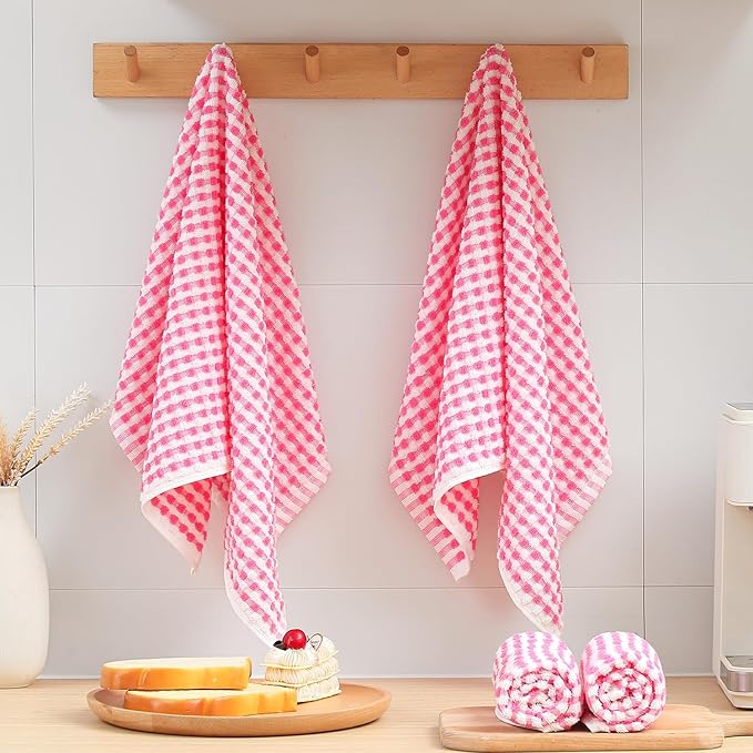 SALAS Cotton Dish Towels Cloths for Kitchen Drying Dishes, Lattice Terry Towels, Highly Absorbent Kitchen Cloths with Hanging Loop, 16‘’ x 26‘’, 4 Packs, Pink