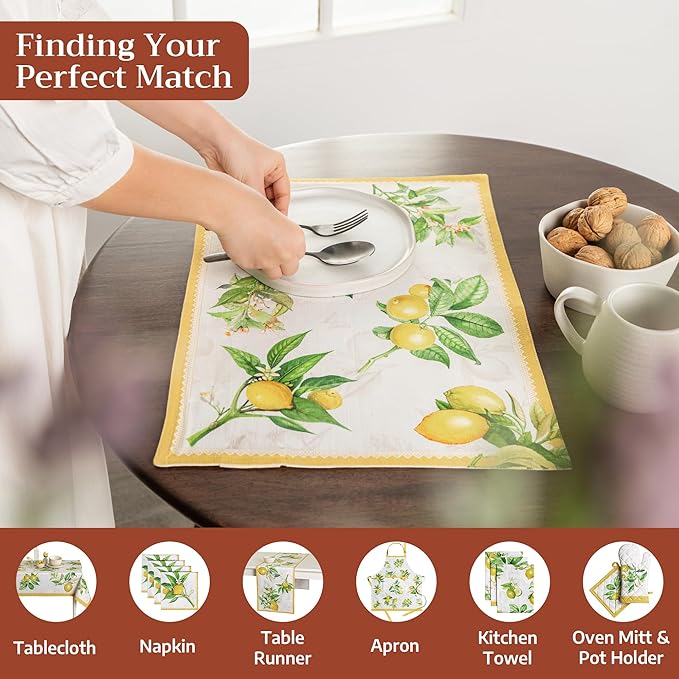 Maison d' Hermine Placemats Set of 4 100% Cotton Washable Cloth Place Mats Reusable Table Mats for Kitchen Dining Party Wedding Gifts for Mothers Day Spring/Summer (Limoncello, 13" x 19")