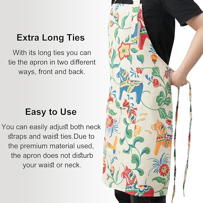 DILLMAN Aprons for Women with Pockets Cotton Linen Cooking Kitchen Baking Soft Durable Floral Gardening Apron