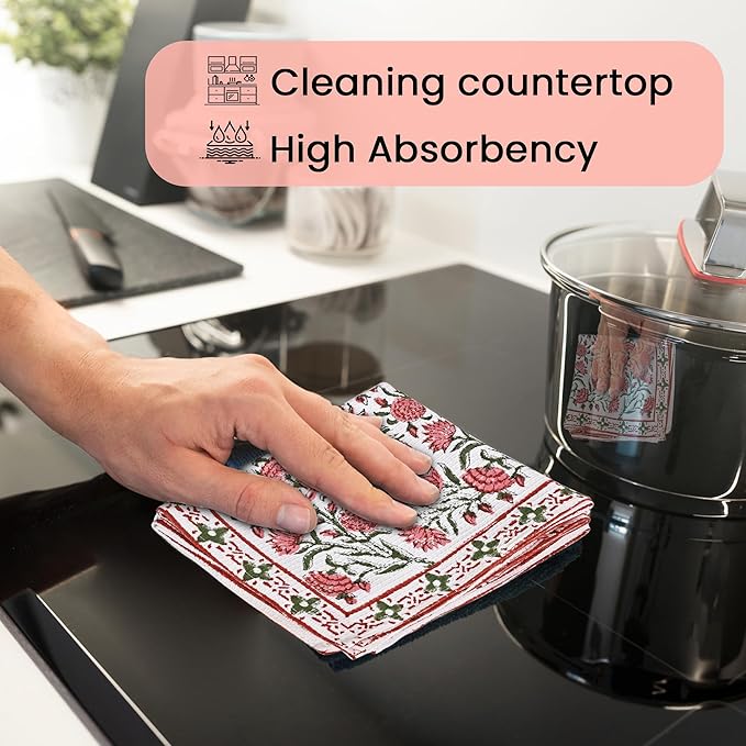CPC Red Garnet Hand Block Print Waffle Kitchen Towel Set of 3-16 x 28 Inch Ultra Absorbent Quick Dry Cotton Dish Towels Lightweight Reusable Sustainable Tea Towels for Cleaning and Drying