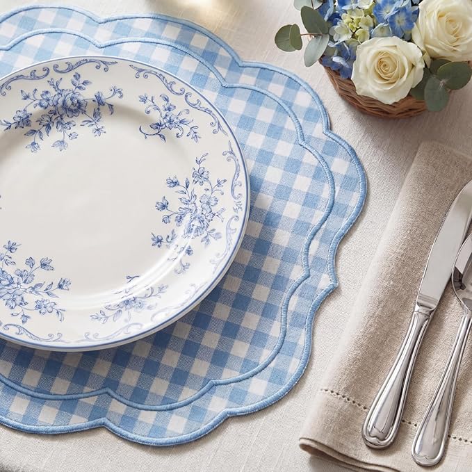 Breling Set of 6 Blue Gingham Placemats Scalloped Embroidered Cotton Linen Placemats 17" x 13" Double Layered Machine Washable Table Place Mat for Wedding Birthday Baby Shower Party Table Decor