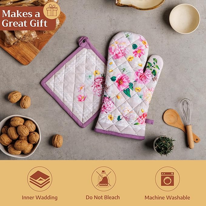 Maison d'Hermine Oven Gloves 100% Cotton Oven Mitt 7" x 13" with Loop Heat Resistant BBQ Cooking Gloves Baking Grilling Gifts for Mothers Day Spring/Summer (Pack of 1, Pivoine)