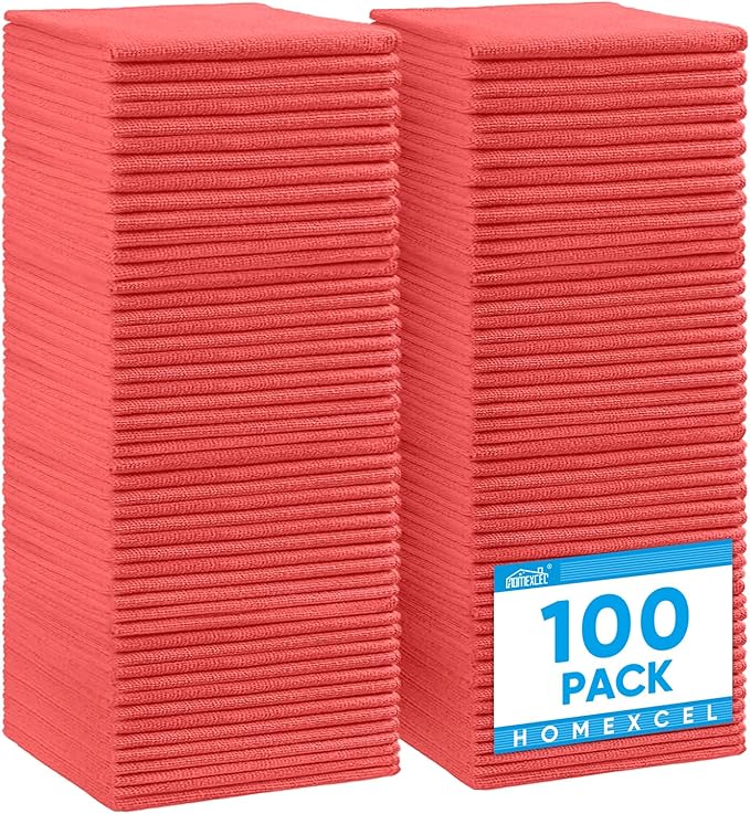 HOMEXCEL Red Microfiber Cleaning Cloth 100 Pack, Microfiber Towel for Cars, Lint Free, Scratch-Free, Highly Absorbent, and Cleaning Rags for House, Window and Glass, Cars, TV Screen 11.5 X11.5 inch