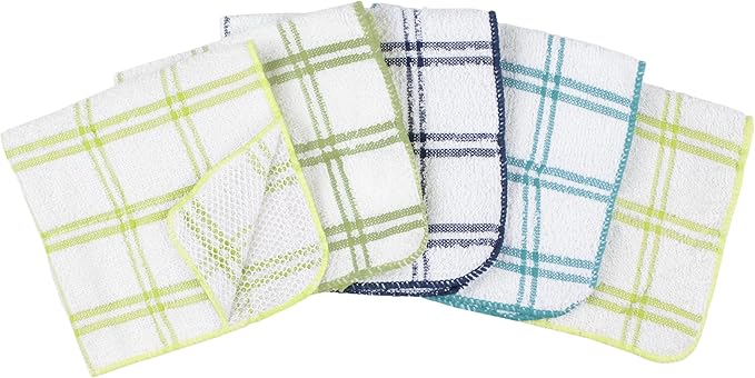 Ritz 100% Cotton 12-inch x 12-inch Kitchen Dish Towel, Gentle Cleaning Wash Cloth with Poly Scour Side, 5-Pack, Blue/Green