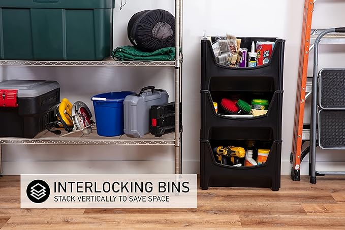 Mighty Tuff Jumbo Stackable Storage Bins, Pack of 3, Easy-Access Storage, Large Easy-to-Grip Handles, Wide Front Opening, Interlocking, Stack Vertically, Black
