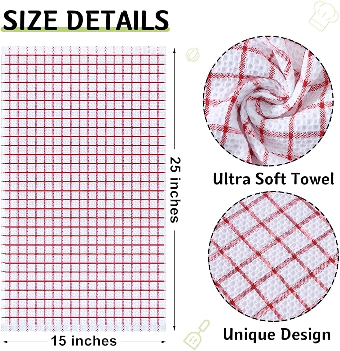 Homaxy 100% Cotton Kitchen Towels 8 Pack-15 X 25 Inches, Check Design Waffle Weave Hand Tea Towels, Super Soft and Absorbent Dish Towel for Drying Dishes, Red