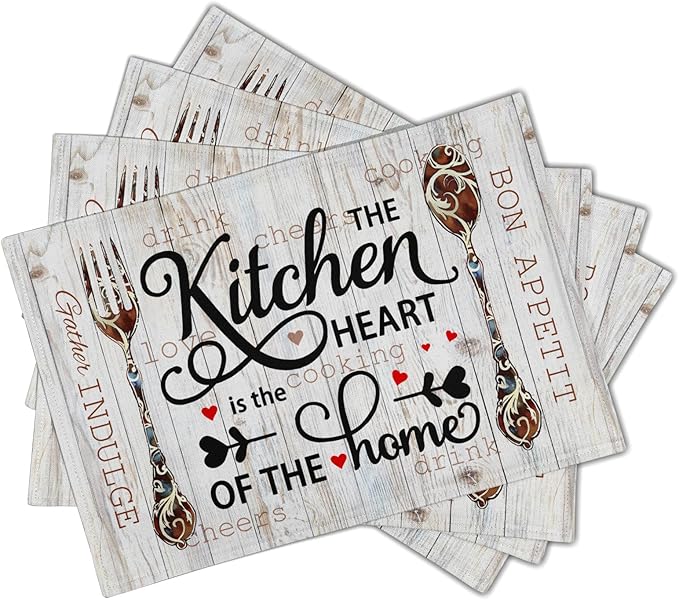 Giwawa The Kitchen is The Heart of The Home Placemats Set of 4, Farmhouse Vintage Style Cooking Sets Linen Washable Table Place Mats 12x18 Inch for Kitchen Dining Party Indoor Outdoor Decor
