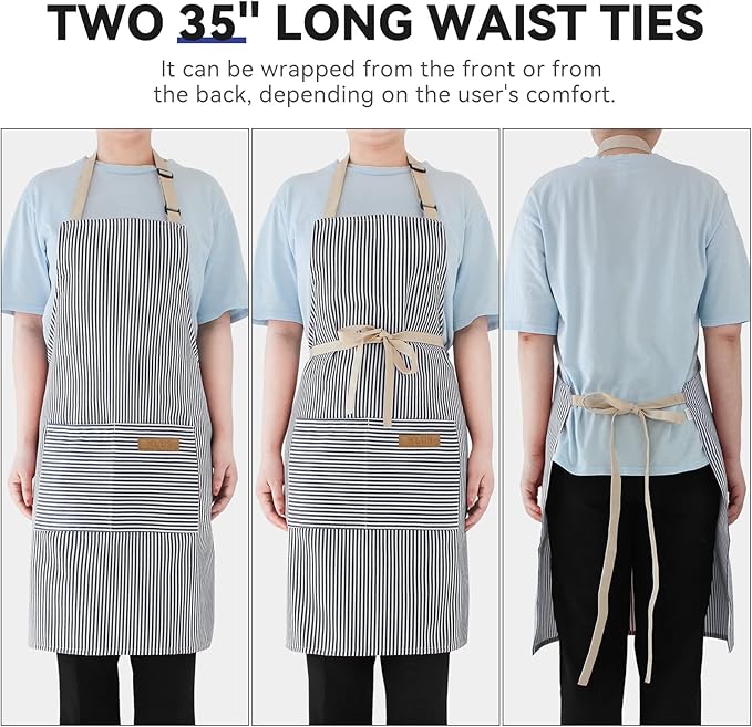 NLUS 2 Pack Cooking Aprons for Women with Pockets, Adjustable Kitchen Bib Aprons Chef Aprons for Women Men(Blue Pinstripes)