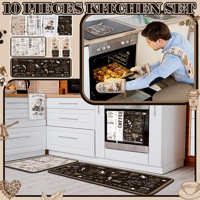 Fourluoo 10 Pcs Coffee Kitchen Decor and Accessories Oven Mitts and Pot Holders Set Coffee Dish Towels Rugs Farmhouse Kitchen Decor Vintage Potholder Brown Gloves for Baking Cooking BBQ Women Mom Gift