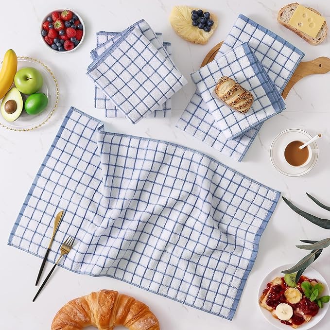 Homaxy Premium Kitchen Towels(16”x 28”, 8 Pack), Large Ring Spun Cotton Dish Towels, Super Absorbent Soft Terry Kitchen Hand Towels, Check Design Tea Towel Set with Hanging Loop, Navy Blue