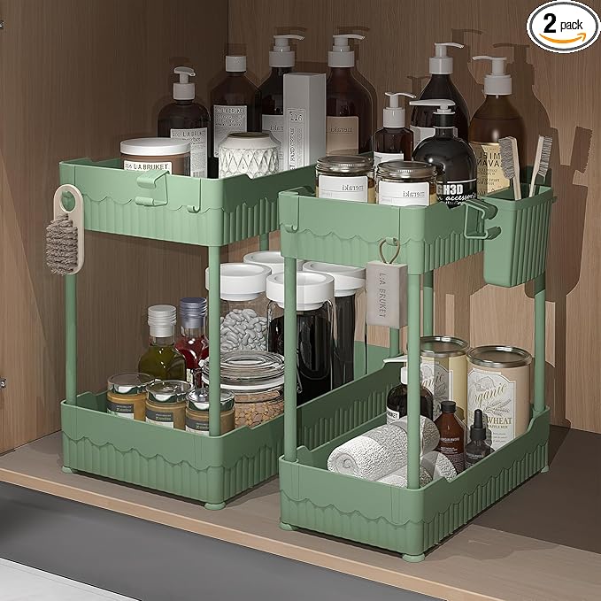 Sevenblue 2 Pack Under Sink Organizer, Under Bathroom Cabinet Organizer with Hooks Hanging Cup, Multi-Purpose Storage Shelf for Kitchen Bathroom (Green, 12.8 Inch)