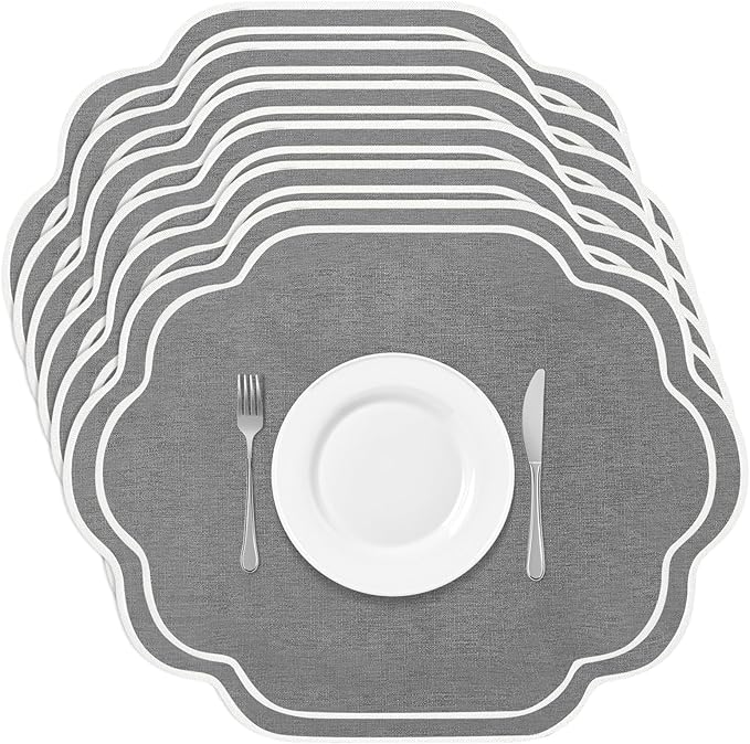 Breling 6 Pcs Wedding Placemats Scalloped Embroidered Cotton Linen Placemats 17" x 13" Double Layered Machine Washable Table Place Mat for Party Table Decor (Gray)