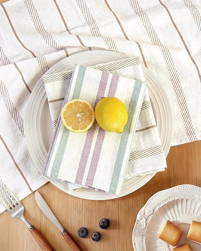 Miss Adola Neutral Flour Sack Kitchen Towels - 3 Pack 18"x 26" Cotton Farmhouse Fast Drying Decorative Hand Tea Towel Dishcloth with Hanging Loop for Home Decor Housewarming Gift, Striped