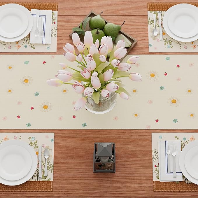 XCHI Wildflowers Cat Daisy Spring Table Runner Summer Table Decoration for Party Home Kitchen Dining Holiday Decor 13x72 Inch