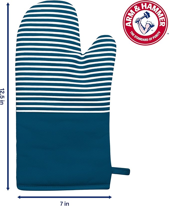 Arm & Hammer Striped Oven Mitts, Heat Resistant, Non-Slip Silicone Grip, 2 Pack, Navy