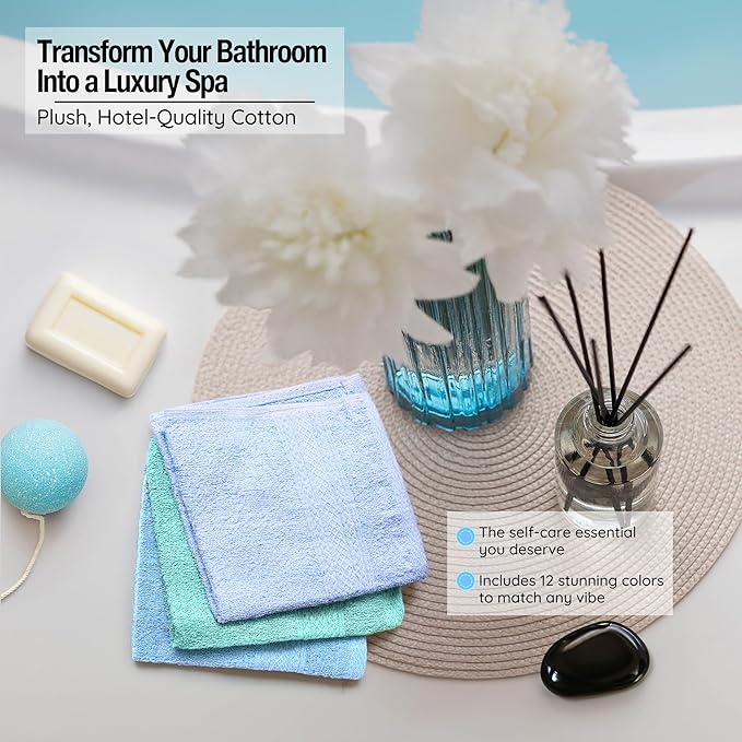 Luxurious Washcloths – Set of 12 – Size 13” x 13” – Thick Loop Pile Washcloth – Absorbent and Soft 100% Ring-Spun Cotton Wash Cloth – Lint Free Face Towel – Wash Cloths Perfect for Bathroom