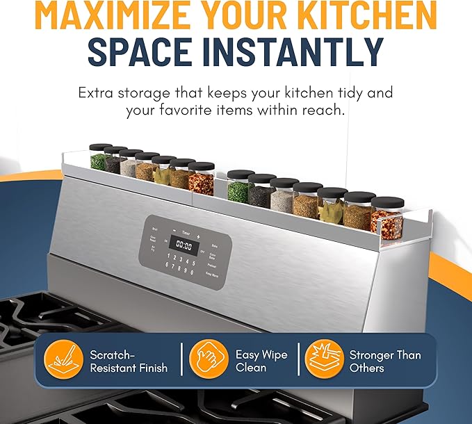 Extendable Steel Over the Stove Shelf for Back of Stove (16 to 30 Inches) Magnetic Stove Top Shelf for Kitchen Stove, Over Stove Shelf for Back of Stove - Over the Stove Spice Rack Shelf (White)