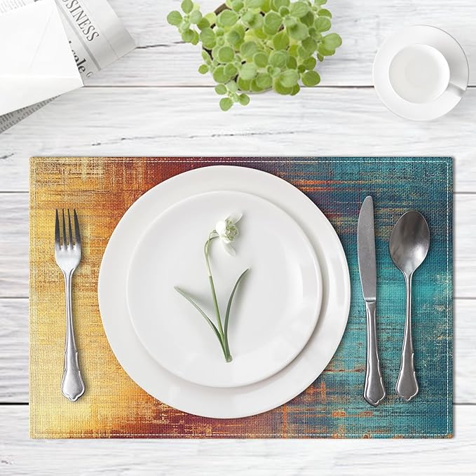 Emvency Farmhouse Placemats Set of 4, 12x18 Inch Blue and Orange Vintage Abstract Messy Rust Painting Table Mats for Outdoor Home Party Kitchen Dining Decoration