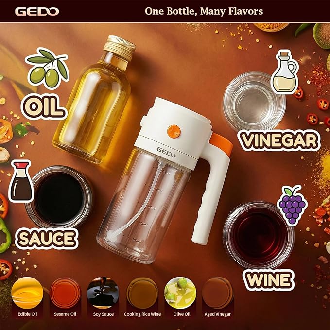 GEDO 2-in-1 Oil Sprayer & Dispenser, Borosilicate Glass Oil Bottle with Auto Open/Close Lid, One-Press Refill & Ergonomic Handle, Mist & Pour for Cooking, Salad, Air Fryer, BBQ