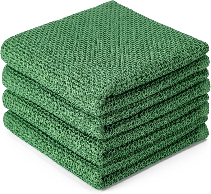 BOOMIBOO 4-Pack Dish Towels, 100% Cotton Waffle Weave, Ultra Soft Absorbent, Grass Green, 13x28 Inches