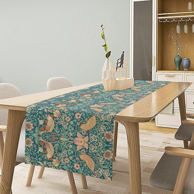 William Morris Floral Table Runner Strawberry Thief Vintage Flower Art Printed Dinner Runner for Home Kitchen Dining Table Living Room Decor Fabric 1 Panel W13xL70in