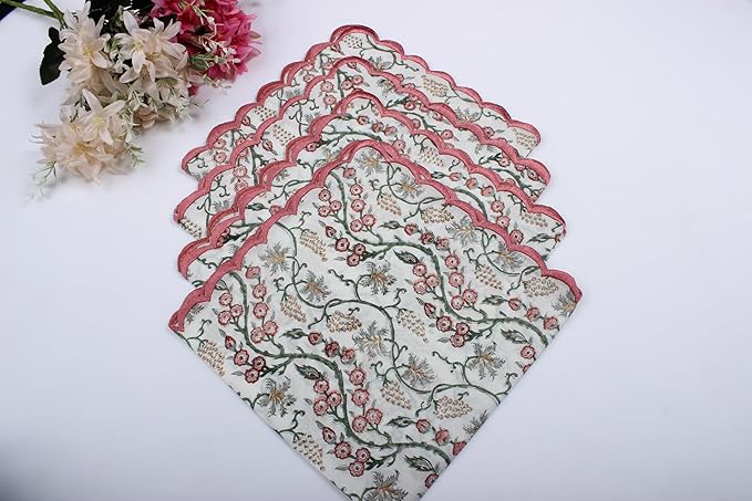 Ridhi Hand Block Print Coral Pink 18" x 18" (Set of 4) Embroidery Table Napkins Reusable Cotton Dinner Napkins for Weddings, Parties, Everyday Dining Gift for Spring, Easter, Valentine