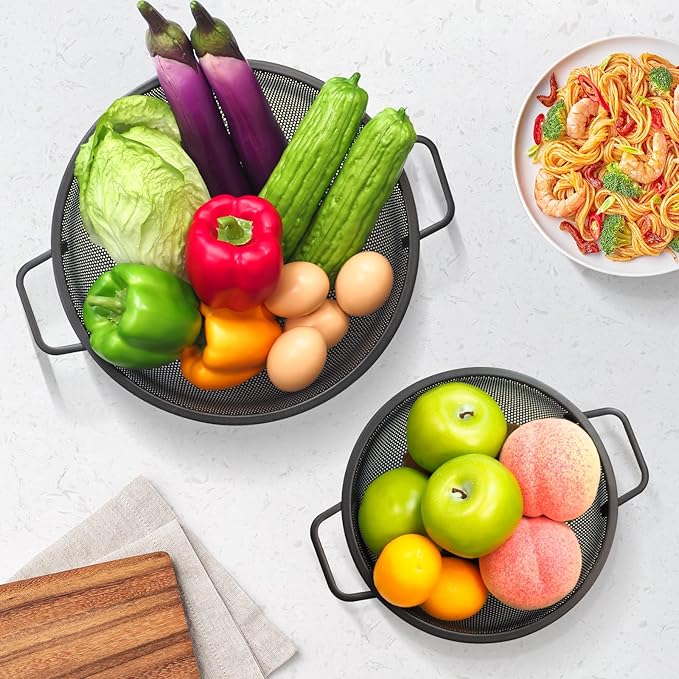 2PCS Black Colander for Kitchen, 3QT and 5QT, Stainless Steel Pasta Strainer with Handle, Pasta Strainer for Fruits Vegetables Cooking Food, Dishwasher Safe