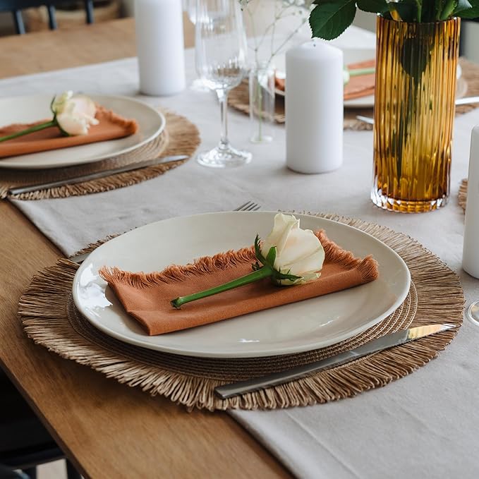 Decorative Boho Table Placemats Set of 6 with Matching Linen-Textured Napkins - Beautiful Natural Decor Elevates Your Dining Room or Kitchen Setting - Easy to Style & Mix with Linen Inspired Material