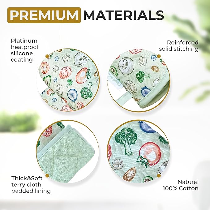 Premium Heat-Resistant Oven Mitts - Stylish and Beautiful - Non-Slip Platinum Silicone Grip - Long and Thick - 100% Natural Cotton Exterior and Soft Terry Cloth Lining - Cook'n'Chic Set of 2 - Green