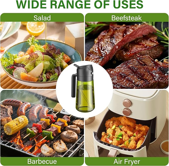 Vakoo 2 in 1 Oil Sprayer and Oil Dispenser for Kitchen - 16oz/470ml Light-Blocking Dark Glass Olive Oil Spray Bottle for Cooking, Air Fryer, Salad & BBQ (Black and White)